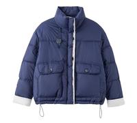 Piumino Corto da Donna In Stile Retrò, con Collo Alto, Tasche con Patta e Motivo a Blocchi di Colore(Blue,XL)