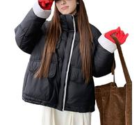 Piumino Corto da Donna In Stile Retrò, con Collo Alto, Tasche con Patta e Motivo a Blocchi di Colore(Black,XL)