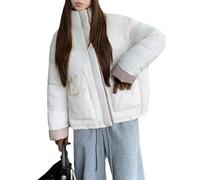 Piumino Corto da Donna In Stile Retrò, con Collo Alto, Tasche con Patta e Motivo a Blocchi di Colore(White,M)