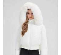 Piumino Corto Donna Bianco Cappuccio E Bordo Effetto Pelliccia Elegante CF63317