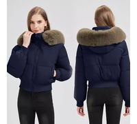 Piumino Corto Donna Blu Navy Con Cappuccio E Bordo Effetto Pelliccia CF63317