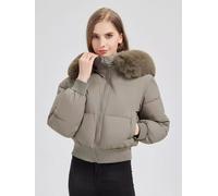 Piumino Corto Donna Cammello Con Cappuccio E Bordo Effetto Pelliccia CF63317