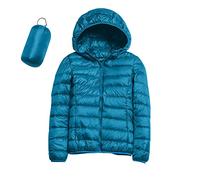 Piumino da donna casual leggero con cappuccio ripiegabile tinta unita piumini giacca con borsa portaoggetti, Blu, M