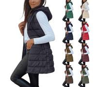 Piumino da donna con cappuccio leggero, senza maniche, giacca lunga senza maniche, da donna, colore puro, gilet con cerniera, giacca con coulisse, giacca classica, Blackish Green, L