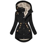Piumino da donna lungo - spesso parka invernale da donna, antivento, pieghevole, caldo, soffice, giacca sherpa, cappotto lungo, outwear con tasca e coulisse, Nero , XXL