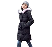 Piumino da donna, lungo, tunica con bottoni, tasca con cerniera rimovibile, parka invernale con cappuccio, #3 - Nero, XX-Large