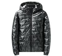 Piumino da uomo con cappuccio caldo, giacca autunnale lucida da uomo nero lucido con coulisse imbottita termica cappotto in pile spesso morbido comfort primavera soffice cappotto invernale caldo da