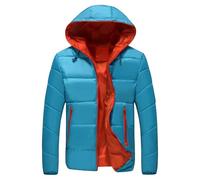 Piumino da uomo con cappuccio foderato a contrasto, casual, trapuntato, invernale, caldo, con cerniera, leggero e morbido, Blu Cielo Arancione, XL