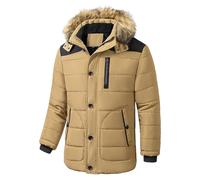 Piumino invernale da uomo in pile antivento trapuntato imbottito cappotto con cappuccio in pelliccia giacca a vento spesso caldo parka soprabito, cachi, L