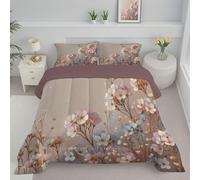 Piumino Letto Matrimoniale Con Federe, Piumino Trapuntato Motivo Fiori Acquerellati In Lamina D'Oro Piante Da Sogno Per Tutte Le Stagioni, Trapunta Reversibile Leggero Caldo, 200X200, Beige