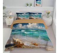 Piumino Letto Matrimoniale Con Federe, Piumino Trapuntato Motivo Onde Di Conchiglie 3D Paesaggio Di Spiaggia Per Tutte Le Stagioni, Trapunta Reversibile Leggero Caldo, 240X220, Turchese