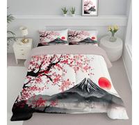 Piumino Letto Piazza E Mezza Con Federe, Piumino Trapuntato Stile Pittura A Inchiostro Giapponese Monte FujiSole Rosso Per Tutte Le Stagioni, Trapunta Reversibile Leggero Caldo,240x220cm,Bianco
