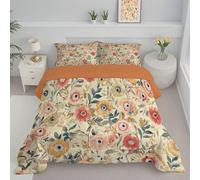 Piumino Letto Singolo Con Federe, Piumino Trapuntato Motivo Fiori Acquerellati Piante Pastorali Per Tutte Le Stagioni, Trapunta Reversibile Leggero Caldo, 140X200, Beige Scuro