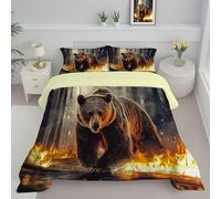 Piumino Letto Singolo Con Federe, Piumino Trapuntato Motivo Orso Bruno Fiamma Foresta Retrò Per Tutte Le Stagioni, Trapunta Reversibile Leggero Caldo, 140X200, Tan