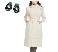 Piumino lungo da donna con cappuccio trapuntato, leggero, con bottoni, cerniera, cappotto autunno inverno, con tasca, bianco, L