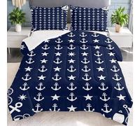 Piumino Matrimoniale Ancora E Stelle Trapunte Stile Marittimo Piumone Imbottito Resistente Lavabile, Super Morbida Trapunta, Piumini 200x200 cm in Microfibra Reversibile e 2 Federa 50x80 cm T1330