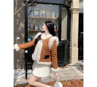 Piumino Parka Giacca Donna Sintetico Pelliccia Marrone Corto Cappuccio 42880