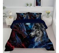 Piumino Reversibili Confronto Tra Drago E Lupo Letto Matrimoniale Trapunta Leggero Stile Fantasy 200x200cm Piumone Trapuntato Morbido e Traspirante per tutte le stagioni, Blu Scuro