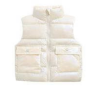 Piumino smanicato per bambini e bambine, con colletto, tinta unita, con tasche, liscia, con cerniera, cappotto per bambina (bianco, 5-6 anni)