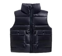 Piumino smanicato per bambini e bambine, con colletto, tinta unita, con tasche, liscia, con cerniera, cappotto per bambina (nero, 18-24 mesi)