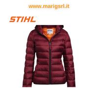 Piumino STIHL ICON da donna rosso con cappuccio e logo MOTOSEGA sul braccio
