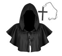 PIUMOJ Cappuccio Medievale, Cappuccio Mantello Medievale per Halloween Poncho Costume Cosplay per Uomo Donna, con Collana con Croce, Nero