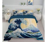 Piumone Matrimoniale 240X220 - Piumone 4 Stagioni Blu Navy - Trapunta Lavabile Senza Copertina - Microfibra - Stampato Onde Al Largo Kanagawa - Trapunta Traspirante Con Dipinto Olio Sul Monte Fuji