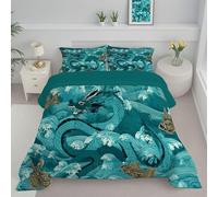 Piumone Trapuntato Letto Matrimoniale Piumino Letto Drago E Pesce Dei Cartoni Animati Trapunta 4 Stagioni Linee E Onde Caldo e Soffice - Lavabile in Lavatrice con Federe 220x240cm, Blu-Verde