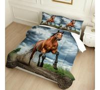 Piumone Una Piazza 155 x 220 cm Cavalli delle praterie Trapunta 4 Stagioni in Microfibra Sintetica blu Set con 2 Federe