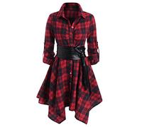 PIUYT Abito Casual da Donna Abito da Fazzoletto A Maniche Lunghe A Maniche Lunghe Scozzese con Cintura Scozzese Rossa,Rosso,XL