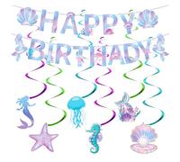 PIWOSGOL Decorazione per compleanno a forma di sirena, ghirlanda di sirena con cavalluccio marino Seashell Starfish meduse, ghirlanda di compleanno per ragazze per il mondo sottomarino, accessorio per