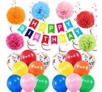 PIWOSGOL Decorazioni per Feste di Compleanno, Striscione Multicolor di Buon Compleanno con Pompon Carta, Turbinii Ghirlande e Palloncini Coriandoli per Decorazioni Feste Compleanno Addobbi Carnevale