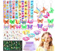 PIWOSGOL Gadget Farfalla Compleanno Bambina, 50 Pezzi Festa Bambina Regalo Farfalla, Party Giocattoli Regalini Braccialetti Slap Portachiavi Tatuaggi Temporanei Anello Mollette Elastici per Capelli