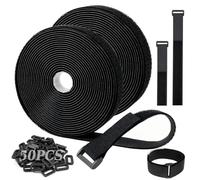 PIWOSGOL Nastro In Velcro 10m x 2cm Con 50 Fibbie, Lunghezza Tagliabile Liberamente, Fascette Fermacavi Riutilizzabili e Regolabili, Chiusura In Velcro Extra Resistente (Nero) autoadesivo
