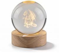 PixelLumens Lampada Sfera di Cristallo 3D Dragone Alato di Fuoco - Luce Notturna LED con Base in Legno Massiccio e Cavo USB - Decorazione Scrivania, Cameretta e Setup Gaming, Idea Regalo Anime (CharZ)