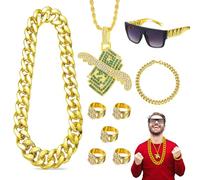 PIXESTT 9 Pezzi Set Rapper, Costume Disco Anni 70 80 90, con Collana E Occhiali da Gangster, Accessori Oro Hip Hop E Anello col Simbolo del Dollaro