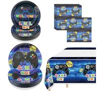 PIXHOTUL Decorazioni per feste per videogiochi, piatti e tovaglioli usa e getta da 17,8 cm e 22,9 cm, tovaglia per videogiochi, set per feste di compleanno per ragazzi e adolescenti, 61 pezzi