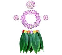 Pixhotul - Set costume hawaiano con 5 pezzi di gonna Hula e ghirlande di fiori, composto da gonna Hula + fiocco per capelli floreale + 2 braccialetti floreali + collana ghirlanda, costume per feste