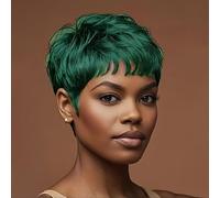 Pixie Cut Parrucca Parrucche corte per donne nere capelli umani colore verde acqua colore verde Cosplay & Halloween capelli umani con frangia colore verde
