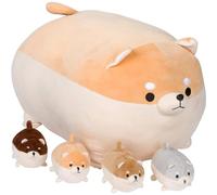 PixieCrush Peluche per cani, simpatico peluche Shiba Inu Mommy con 4 cuccioli, adorabile cuscino in peluche per un gioco fantasioso, set di animali morbidi a sorpresa per ragazze, animali di peluche