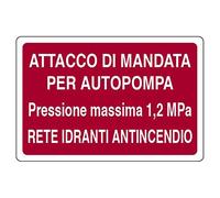 PIXLEMON Cartello Alluminio cm 30x20 Attacco di MANDATA per AUTOPOMPA Pressione Massima 1,2 MPa Rete IDRANTI ANTINCENDIO
