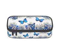 PIXOLE Astuccio nero con stampa floreale con teschio, astuccio per matite, astuccio per cancelleria per scuola e ufficio, astuccio per adulti, Farfalle Blu Fiori Bianchi, Taglia unica, Organizer per