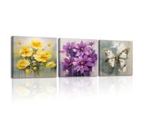 PIY PAINTING 3pcs Floreale Artistico d'epoca Quadro Moderno Soggiorno Giallo e viola Immagini Pittura Decorazione Canvas Quadretti Da Parete Farfalla Stampe Su Tela Camera Da Letto Con Cornice 30×30cm