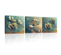 PIY PAINTING Stampa su tela di Fiori e farfalle eleganti, Pittura Fiore Dipinto Art Poster da Parete Immagine Quadro su Tela per Camera Da Letto Bagno Sala yoga, Set da 3, 30x30cm Cornice Incorporata