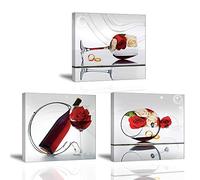 PIY PAINTING Stampe e Quadri su Tela Bicchiere di Vino Rosso con Fiore Rosa Immagine Fotografia con Cornice Murale Wall Art Home Decor Cucina Oficina Regalo di compleanno 3x 30x30cm