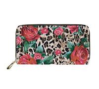 Pizding Portafogli in pelle per donne, viaggi, affari, shopping, fermasoldi, borsetta con cerniera, pochette regalo di compleanno per ragazze, Leopardo Fiori Rossi, Casual