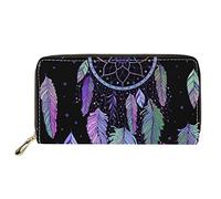 Pizding Portafoglio da donna con cerniera e pochette lunga con acchiappasogni piuma nera modello PU porta carte di credito portamonete da viaggio, Acchiappasogni, Casual