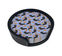 Pizza Cibo Bassotto Cane Carino,Set di 6 sottobicchieri rotondi, sottobicchieri in pelle PU con supporto per casa, ufficio, cucina