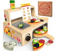 Pizza giocattolo in legno - 48 pezzi Montessori Pretend Play Food per età 3+, giocattolo educativo per l'apprendimento Playset in legno con forno, regalo di compleanno di Natale per 3 4 5 6 anni