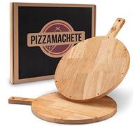 PIZZAMACHETE Piatto per pizza in legno di gomma, accessorio per pizza a casa, tagliere rotondo, piatto, focacia o pane, tagliere in legno, 30,5 cm, set da 2 pezzi